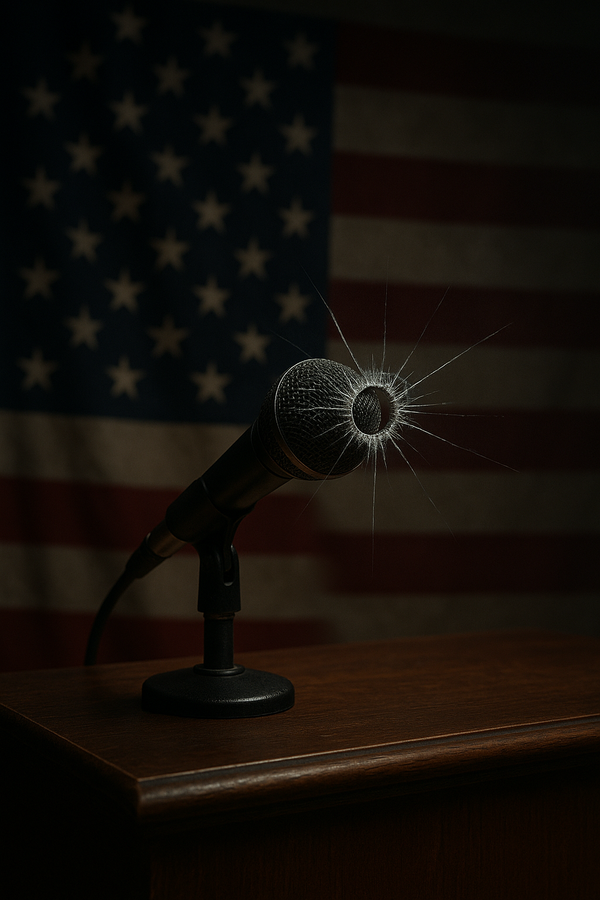 Photo of a shattered microphone on a podium with an American flag backdrop and bullet impact, symbolizing gun violence, silenced speech, and threats to free expression in the United States.